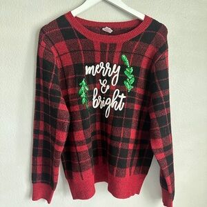 Ugly Christmas Sweater Red Buffalo Plaid Merry & Bright Women’s XL NWT